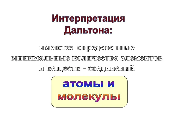 Интерпретация Дальтона: имеются определенные минимальные количества элементов и веществ - соединений