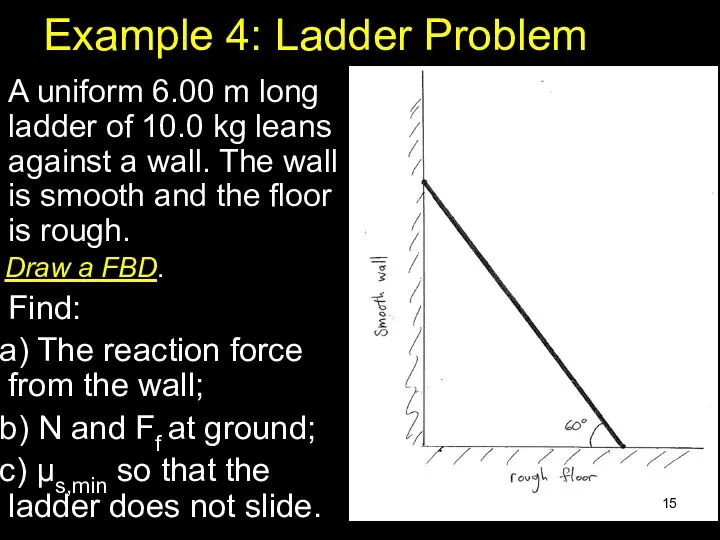 Example 4: Ladder Problem A uniform 6.00 m long ladder of