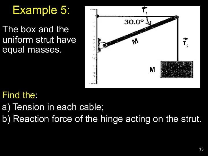 Example 5: Find the: a) Tension in each cable; b) Reaction