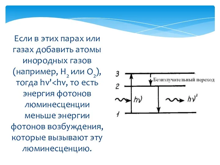 Если в этих парах или газах добавить атомы инородных газов (например, H2 или O2), тогда hv'