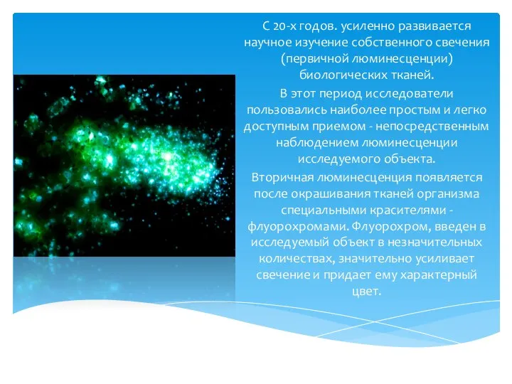 С 20-х годов. усиленно развивается научное изучение собственного свечения (первичной люминесценции)