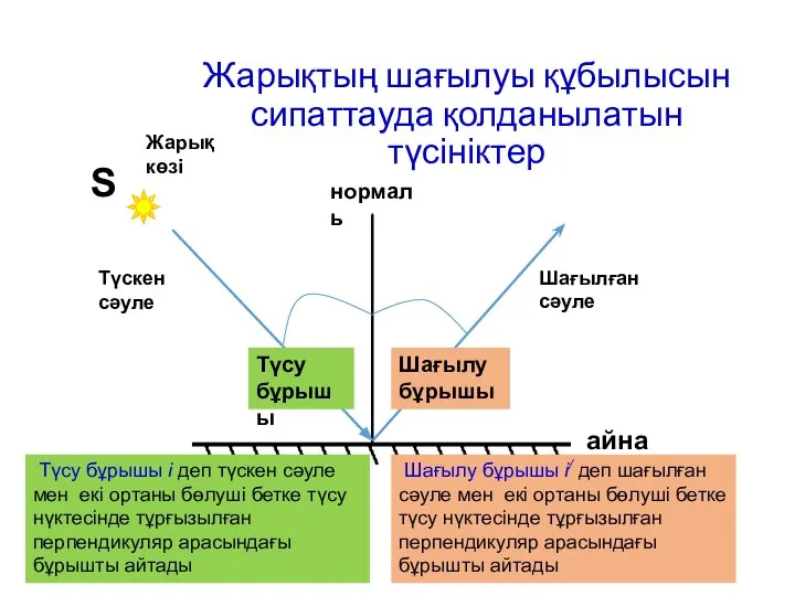 айна нормаль Жарық көзі Түсу бұрышы Шағылу бұрышы Түскен сәуле Шағылған