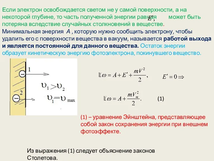 Если электрон освобождается светом не у самой поверхности, а на некоторой