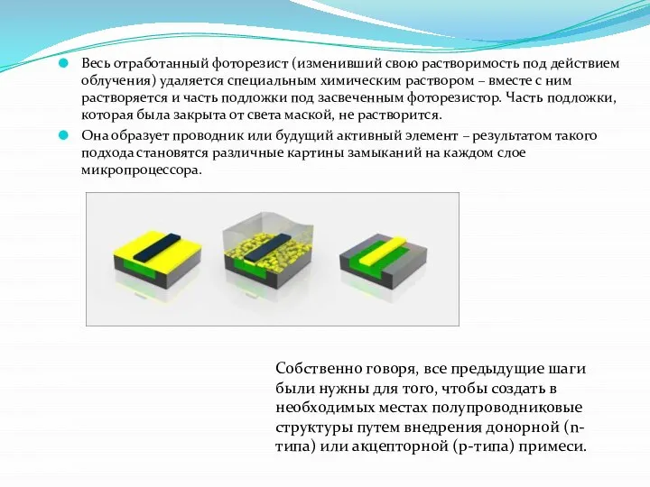 Весь отработанный фоторезист (изменивший свою растворимость под действием облучения) удаляется специальным