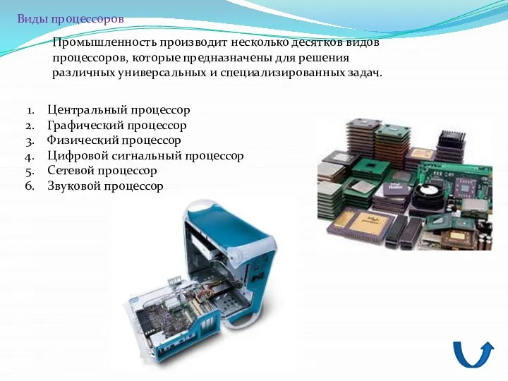 Виды процессоров Промышленность производит несколько десятков видов процессоров, которые предназначены для