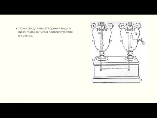 Пристрій для перетворення води у вино також активно застосовувався в храмах.