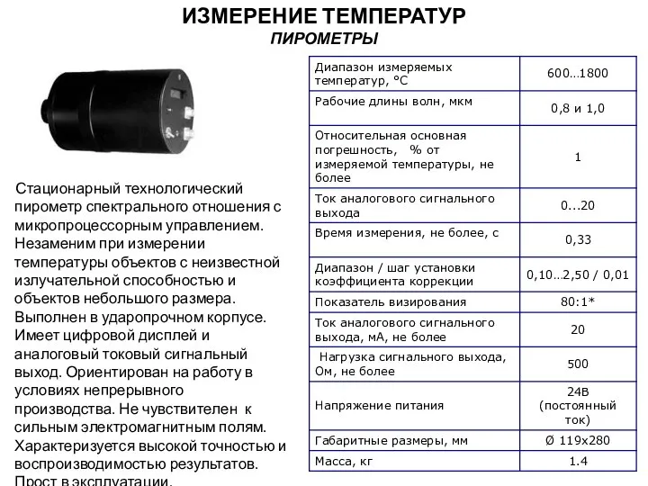 Стационарный технологический пирометр спектрального отношения с микропроцессорным управлением. Незаменим при измерении