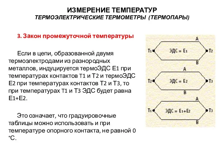 3. Закон промежуточной температуры Если в цепи, образованной двумя термоэлектродами из