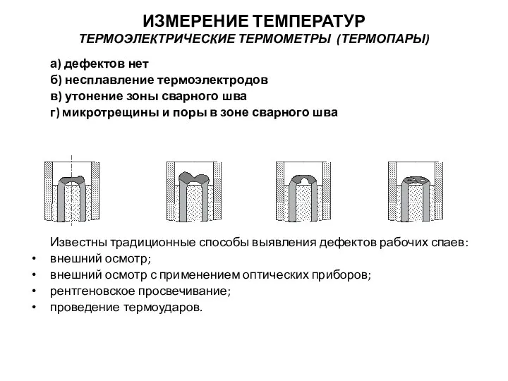 а) дефектов нет б) несплавление термоэлектродов в) утонение зоны сварного шва