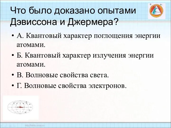 Что было доказано опытами Дэвиссона и Джермера? А. Квантовый характер поглощения