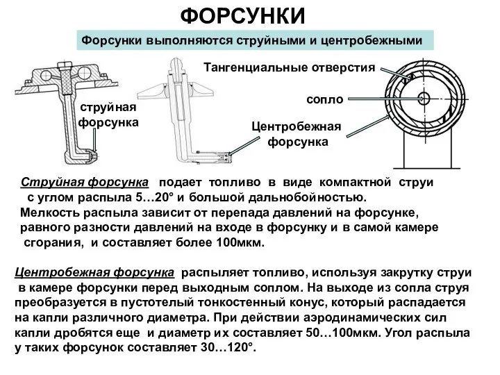 ФОРСУНКИ Форсунки выполняются струйными и центробежными Струйная форсунка подает топливо в