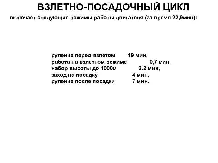 ВЗЛЕТНО-ПОСАДОЧНЫЙ ЦИКЛ включает следующие режимы работы двигателя (за время 22,9мин): руление