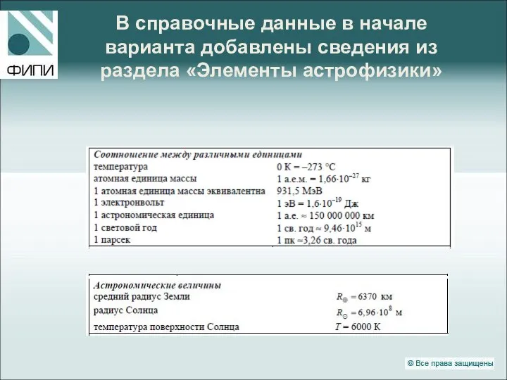 В справочные данные в начале варианта добавлены сведения из раздела «Элементы астрофизики»