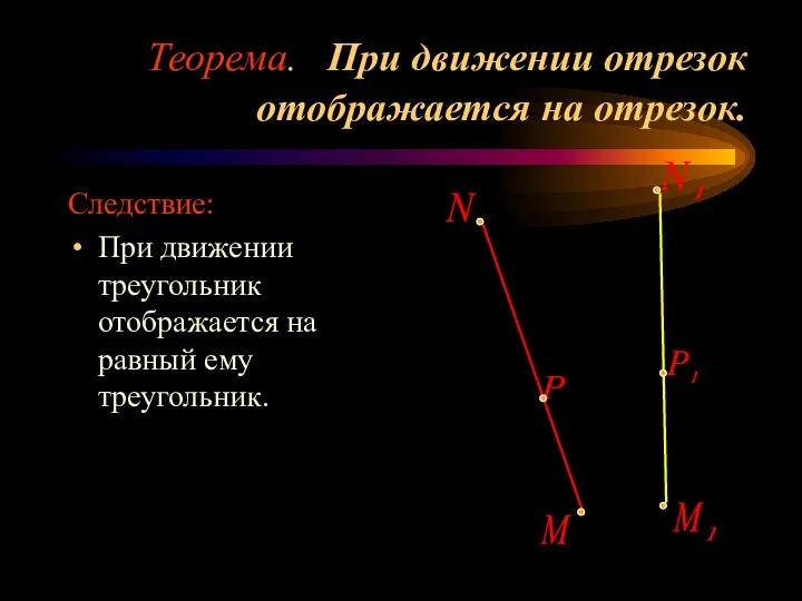 Теорема. При движении отрезок отображается на отрезок. Следствие: При движении треугольник