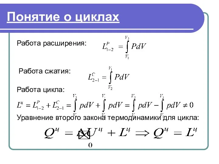 Понятие о циклах Работа расширения: Работа сжатия: Работа цикла: Уравнение второго закона термодинамики для цикла: