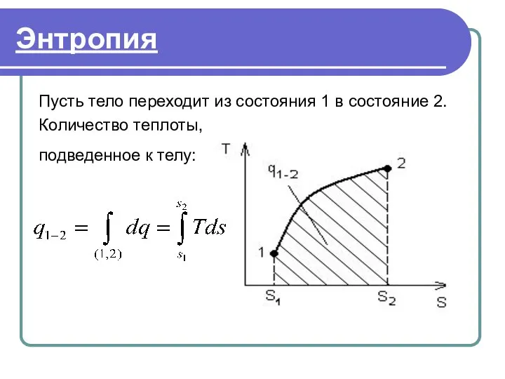 Энтропия Пусть тело переходит из состояния 1 в состояние 2. Количество теплоты, подведенное к телу: