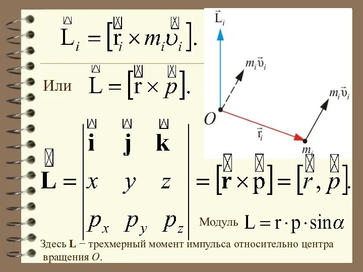 Или Здесь L − трехмерный момент импульса относительно центра вращения О. Модуль