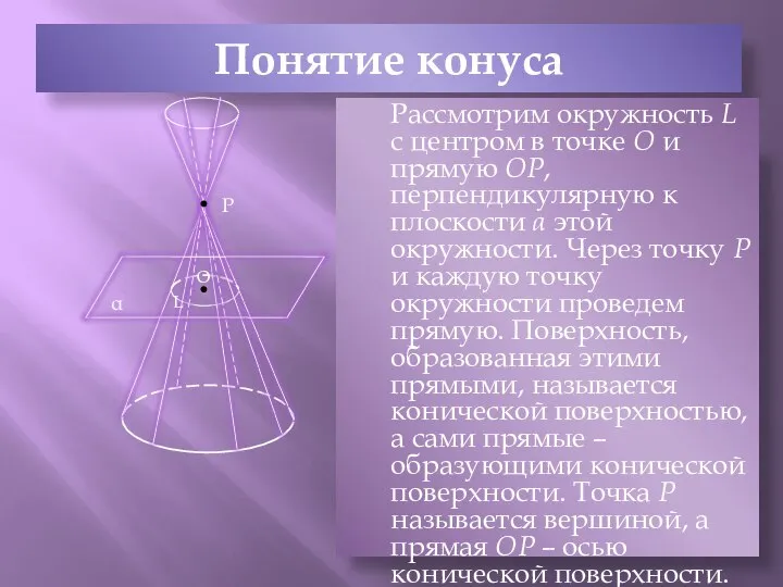 Понятие конуса Рассмотрим окружность L с центром в точке О и