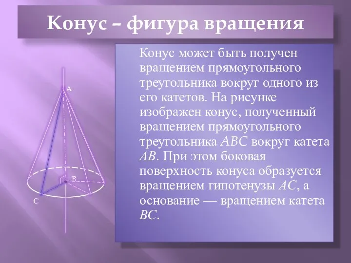 Конус – фигура вращения Конус может быть получен вращением прямоугольного треугольника