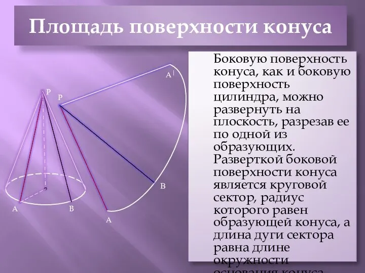 Площадь поверхности конуса Боковую поверхность конуса, как и боковую поверхность цилиндра,