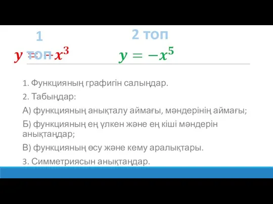 1. Функцияның графигін салыңдар. 2. Табыңдар: А) функцияның анықталу аймағы, мәндерінің