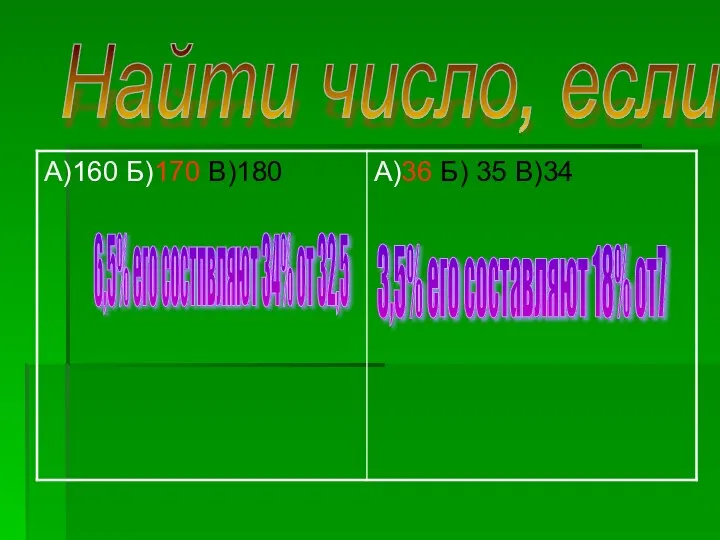 Найти число, если 6,5% его состпвляют 34% от 32,5 3,5% его составляют 18% от7