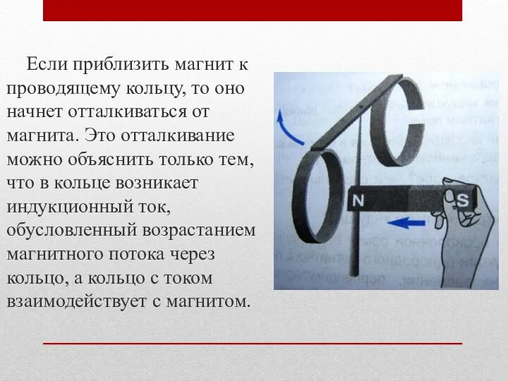 Если приблизить магнит к проводящему кольцу, то оно начнет отталкиваться от