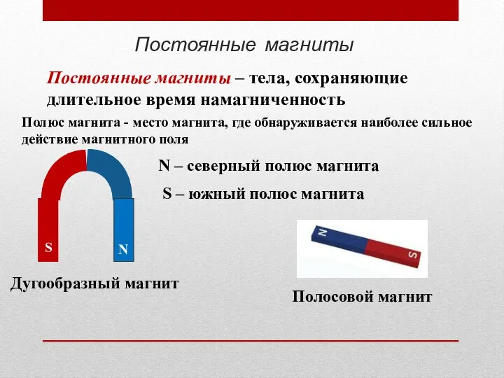 Постоянные магниты N – северный полюс магнита S – южный полюс