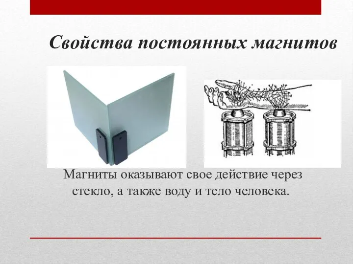 Свойства постоянных магнитов Магниты оказывают свое действие через стекло, а также воду и тело человека.