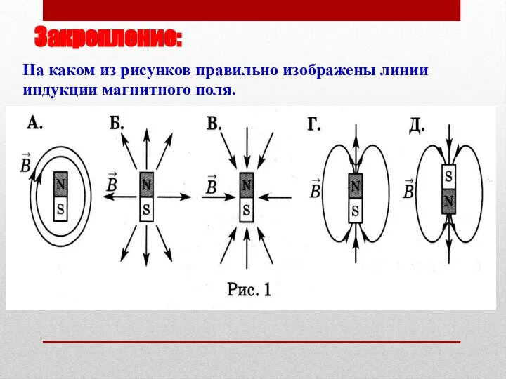 Закрепление: На каком из рисунков правильно изображены линии индукции магнитного поля.