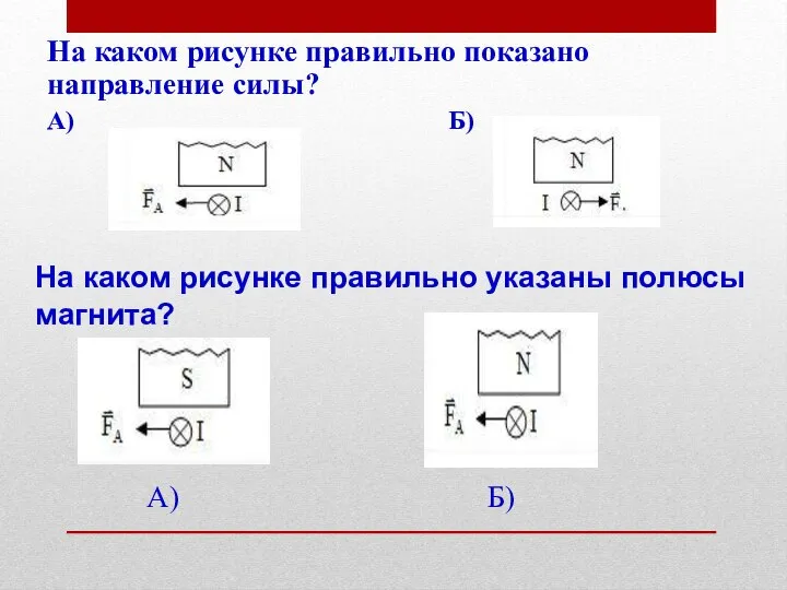 На каком рисунке правильно показано направление силы? А) Б) На каком