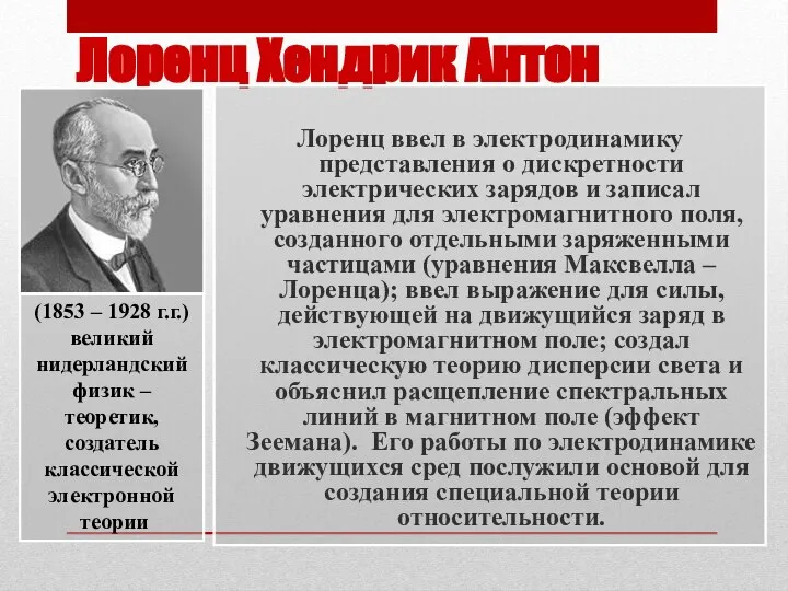 Лоренц Хендрик Антон Лоренц ввел в электродинамику представления о дискретности электрических