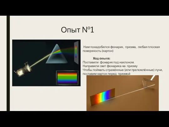 Опыт №1 Нам понадобился фонарик, призма, любая плоская поверхность (картон) Ход