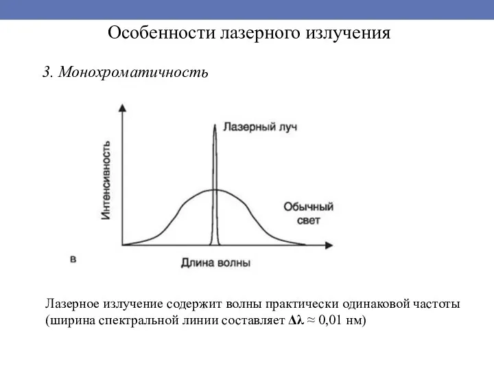 Особенности лазерного излучения Лазерное излучение содержит волны практически одинаковой частоты (ширина
