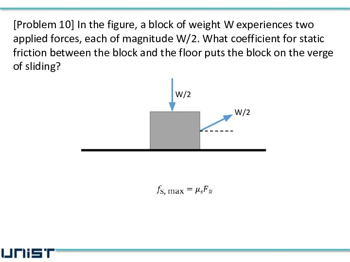 [Problem 10] In the figure, a block of weight W experiences