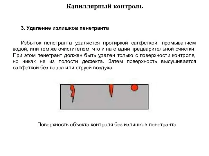 3. Удаление излишков пенетранта Избыток пенетранта удаляется протиркой салфеткой, промыванием водой,