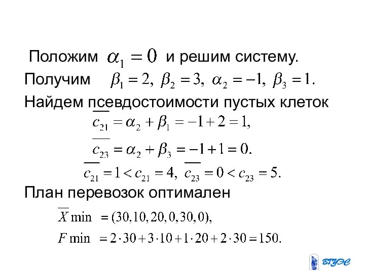 Положим и решим систему. Получим Найдем псевдостоимости пустых клеток План перевозок оптимален