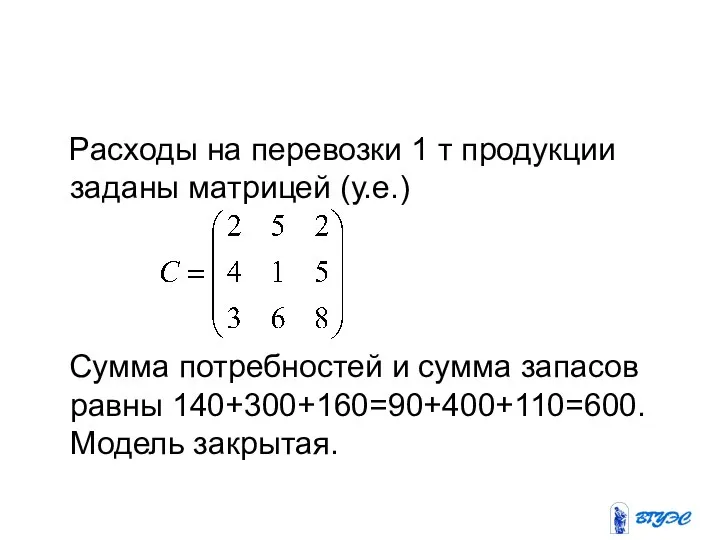 Расходы на перевозки 1 т продукции заданы матрицей (у.е.) Сумма потребностей