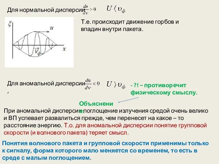 При аномальной дисперсии поглощение излучения средой очень велико и ВП успевает