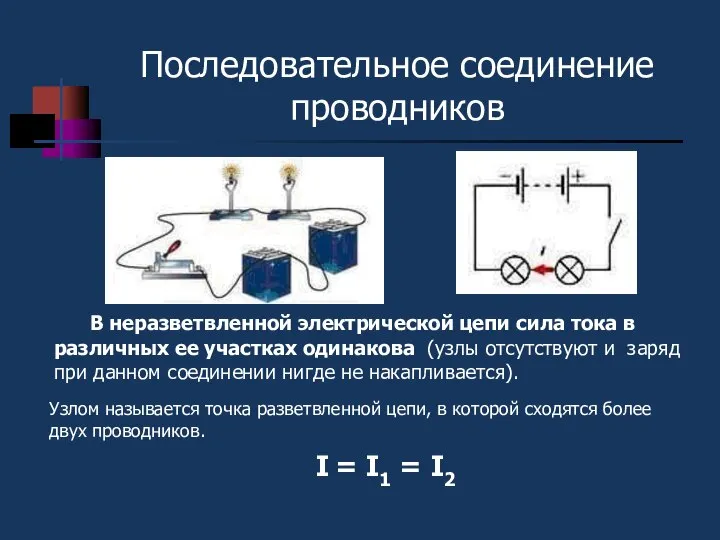 Последовательное соединение проводников В неразветвленной электрической цепи сила тока в различных