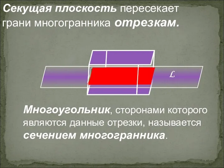 Секущая плоскость пересекает грани многогранника отрезкам. Многоугольник, сторонами которого являются данные отрезки, называется сечением многогранника.