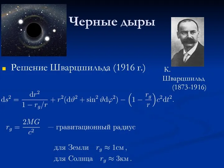 Черные дыры Решение Шварцшильда (1916 г.) К.Шварцшильд (1873-1916)