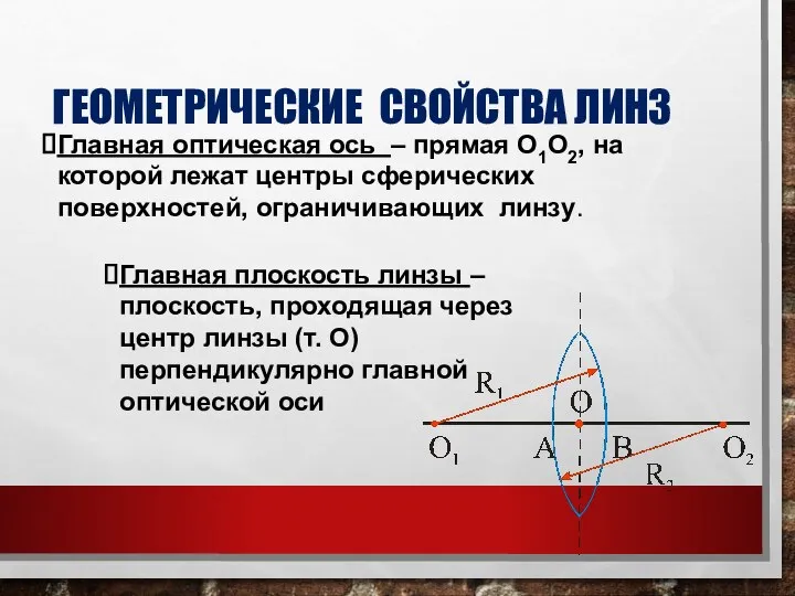 ГЕОМЕТРИЧЕСКИЕ СВОЙСТВА ЛИНЗ Главная оптическая ось – прямая О1О2, на которой