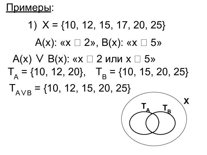 Примеры: Х = {10, 12, 15, 17, 20, 25} А(х): «х