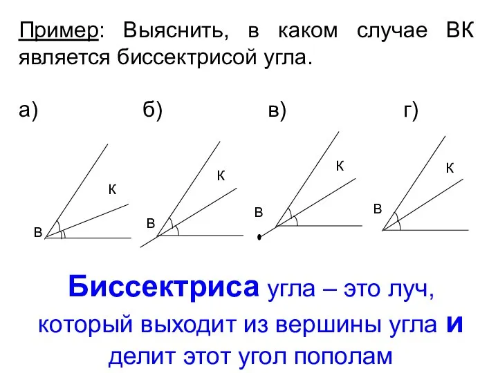 Пример: Выяснить, в каком случае ВК является биссектрисой угла. а) б)