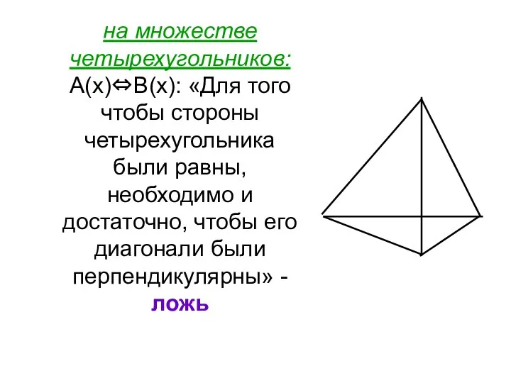 на множестве четырехугольников: А(х)⇔В(х): «Для того чтобы стороны четырехугольника были равны,