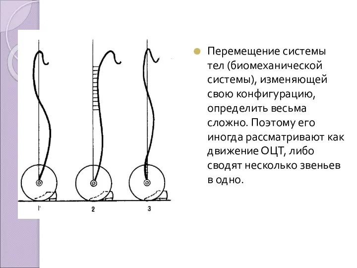 Перемещение системы тел (биомеханической системы), изменяющей свою конфигурацию, определить весьма сложно.