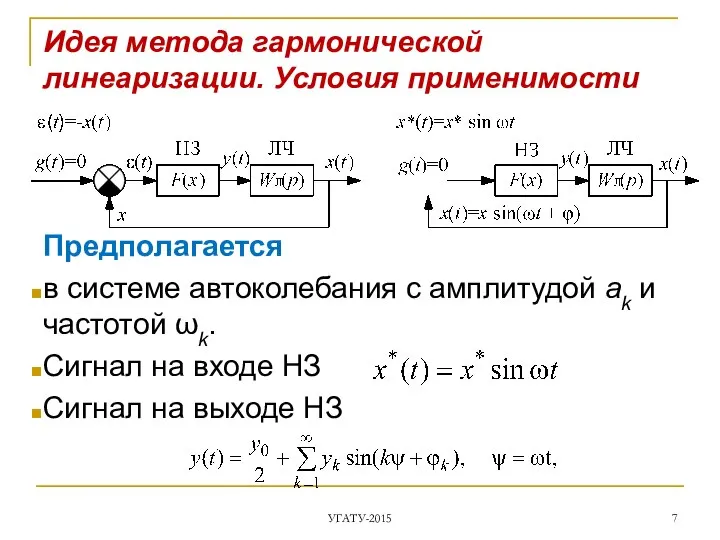 Идея метода гармонической линеаризации. Условия применимости Предполагается в системе автоколебания с