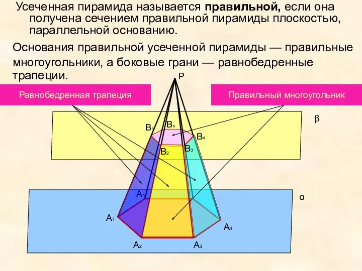 Усеченная пирамида называется правильной, если она получена сечением правильной пирамиды плоскостью,
