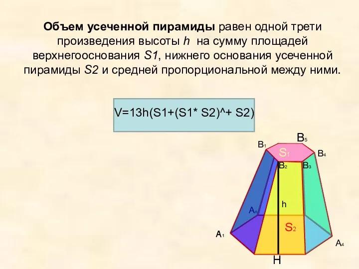 Объем усеченной пирамиды равен одной трети произведения высоты h на сумму